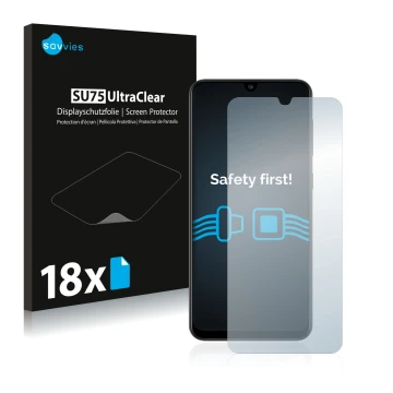 Face avant d’un emballage produit avec le logo de la marque Savvies. À côté, l’appareil Samsung Galaxy A30s est représenté ave