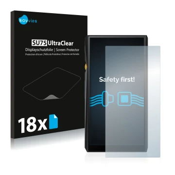 Face avant d’un emballage produit avec le logo de la marque Savvies. À côté, l’appareil FiiO M11 est représenté avec la protec