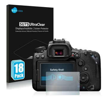 Face avant d’un emballage produit avec le logo de la marque Savvies. À côté, l’appareil Canon EOS 90D est représenté avec la p