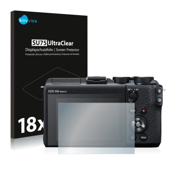 Face avant d’un emballage produit avec le logo de la marque Savvies. À côté, l’appareil Canon EOS M6 Mark II est représenté av