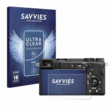 Face avant d’un emballage produit avec le logo de la marque Savvies. À côté, l’appareil Sony Alpha 6100 est représenté avec la