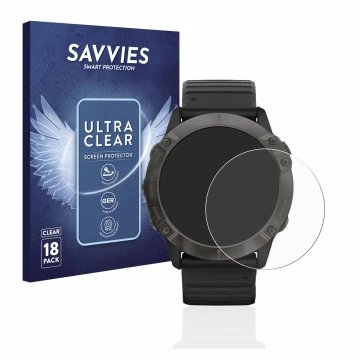 Face avant d’un emballage produit avec le logo de la marque Savvies. À côté, l’appareil Garmin Fenix 6X Pro est représenté ave