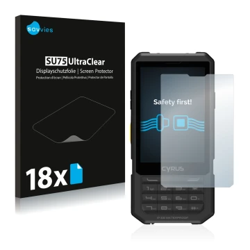 Face avant d’un emballage produit avec le logo de la marque Savvies. À côté, l’appareil Cyrus CM 17 Hybrid est représenté avec