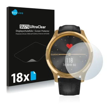 Face avant d’un emballage produit avec le logo de la marque Savvies. À côté, l’appareil Garmin vivomove Luxe (42 mm) est repré