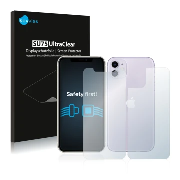Face avant d’un emballage produit avec le logo de la marque Savvies. À côté, l’appareil Apple iPhone 11 (Avant+Arrière) est re