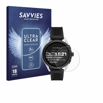 Face avant d’un emballage produit avec le logo de la marque Savvies. À côté, l’appareil Emporio Armani Connected Smartwatch 3 