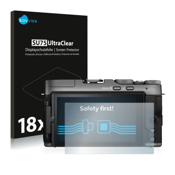 Face avant d’un emballage produit avec le logo de la marque Savvies. À côté, l’appareil Fujifilm X-A7 est représenté avec la p