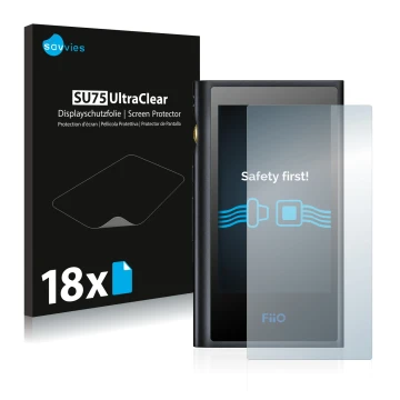 Face avant d’un emballage produit avec le logo de la marque Savvies. À côté, l’appareil FiiO M9 est représenté avec la protect