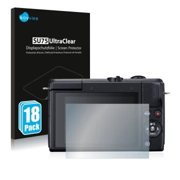 Face avant d’un emballage produit avec le logo de la marque Savvies. À côté, l’appareil Canon EOS M200 est représenté avec la 