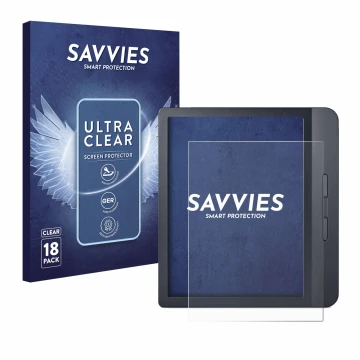 Face avant d’un emballage produit avec le logo de la marque Savvies. À côté, l’appareil Kobo Libra H2O est représenté avec la 