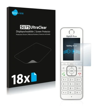 Face avant d’un emballage produit avec le logo de la marque Savvies. À côté, l’appareil AVM Fritz!Fon C6 est représenté avec l