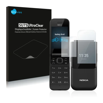 Face avant d’un emballage produit avec le logo de la marque Savvies. À côté, l’appareil Nokia 2720 Flip est représenté avec la