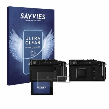 Face avant d’un emballage produit avec le logo de la marque Savvies. À côté, l’appareil Fujifilm X-Pro3 est représenté avec la