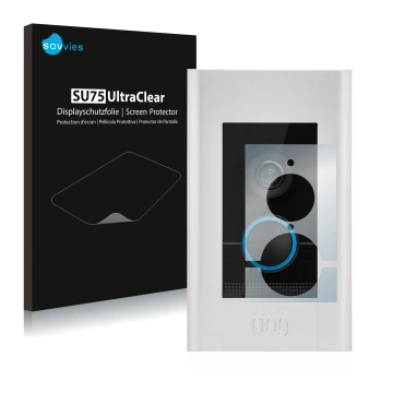 Face avant d’un emballage produit avec le logo de la marque Savvies. À côté, l’appareil Ring Video Doorbell Elite est représen