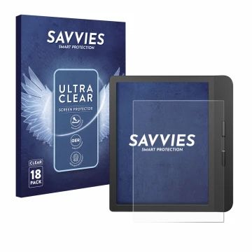 Face avant d’un emballage produit avec le logo de la marque Savvies. À côté, l’appareil Tolino Vision 5 est représenté avec la