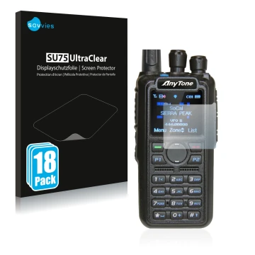 Face avant d’un emballage produit avec le logo de la marque Savvies. À côté, l’appareil AnyTone AT-D878UV est représenté avec 