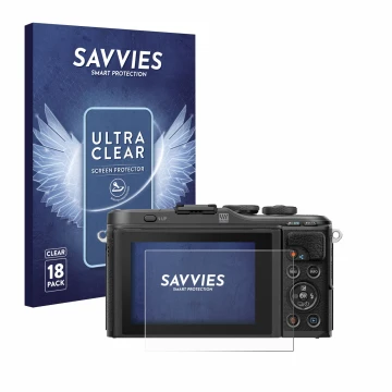 Face avant d’un emballage produit avec le logo de la marque Savvies. À côté, l’appareil Olympus PEN E-PL10 est représenté avec