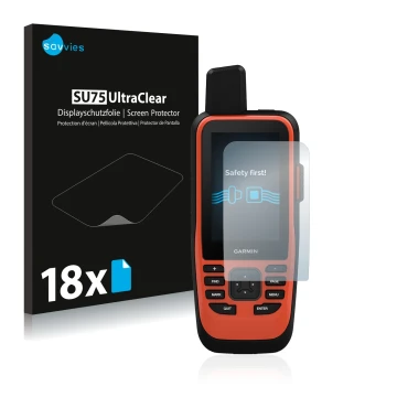 Face avant d’un emballage produit avec le logo de la marque Savvies. À côté, l’appareil Garmin GPSMAP 86i est représenté avec 