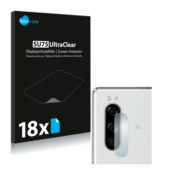 Face avant d’un emballage produit avec le logo de la marque Savvies. À côté, l’appareil Sony Xperia 5 (Caméra UNIQUEMENT) est 