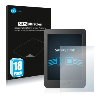 Face avant d’un emballage produit avec le logo de la marque Savvies. À côté, l’appareil Tolino Page 2 est représenté avec la p