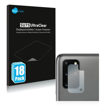 Face avant d’un emballage produit avec le logo de la marque Savvies. À côté, l’appareil Samsung Galaxy S20 Plus (Caméra UNIQUE