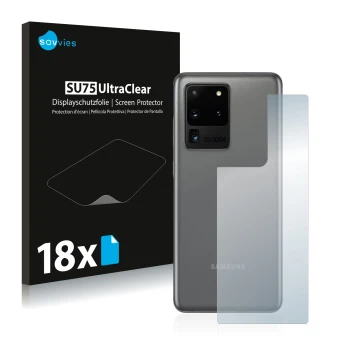 Face avant d’un emballage produit avec le logo de la marque Savvies. À côté, l’appareil Samsung Galaxy S20 Ultra (Arrière) est