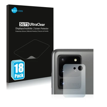 Face avant d’un emballage produit avec le logo de la marque Savvies. À côté, l’appareil Samsung Galaxy S20 Ultra (Caméra UNIQU