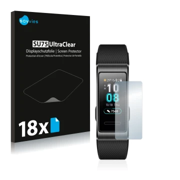 Face avant d’un emballage produit avec le logo de la marque Savvies. À côté, l’appareil Huawei Band 4 Pro est représenté avec 
