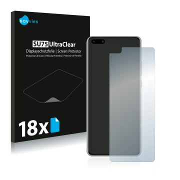 Face avant d’un emballage produit avec le logo de la marque Savvies. À côté, l’appareil Huawei P40 est représenté avec la prot