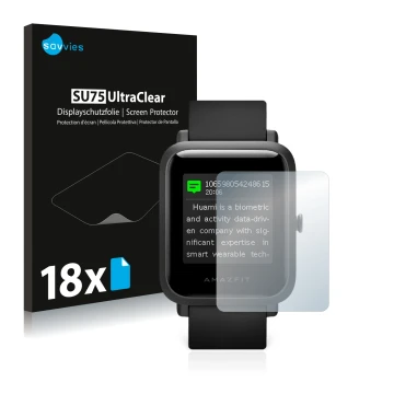 Face avant d’un emballage produit avec le logo de la marque Savvies. À côté, l’appareil Huami Amazfit Bip S est représenté ave