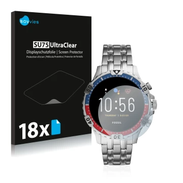 Face avant d’un emballage produit avec le logo de la marque Savvies. À côté, l’appareil Fossil Garrett HR (5. Gen) est représe