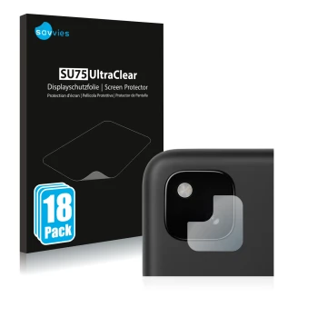 Face avant d’un emballage produit avec le logo de la marque Savvies. À côté, l’appareil Google Pixel 4a (Caméra UNIQUEMENT) es