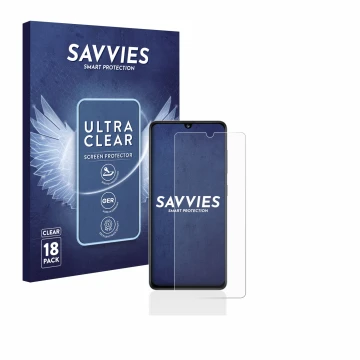 Face avant d’un emballage produit avec le logo de la marque Savvies. À côté, l’appareil Samsung Galaxy A41 est représenté avec