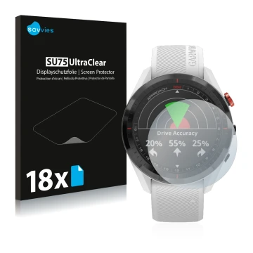 Face avant d’un emballage produit avec le logo de la marque Savvies. À côté, l’appareil Garmin Approach S62 est représenté ave
