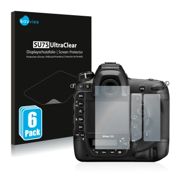 Face avant d’un emballage produit avec le logo de la marque Savvies. À côté, l’appareil Nikon D6 est représenté avec la protec