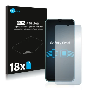 Face avant d’un emballage produit avec le logo de la marque Savvies. À côté, l’appareil Samsung Galaxy M31 est représenté avec
