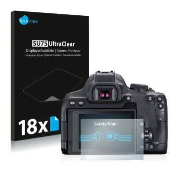 Face avant d’un emballage produit avec le logo de la marque Savvies. À côté, l’appareil Canon EOS 850D est représenté avec la 