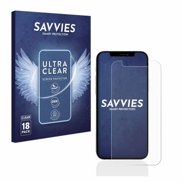 Face avant d’un emballage produit avec le logo de la marque Savvies. À côté, l’appareil Apple iPhone 12 mini est représenté av