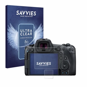 Face avant d’un emballage produit avec le logo de la marque Savvies. À côté, l’appareil Canon EOS R5 est représenté avec la pr
