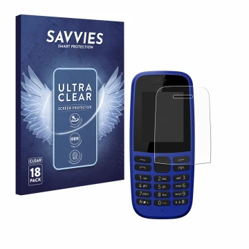 Face avant d’un emballage produit avec le logo de la marque Savvies. À côté, l’appareil Nokia 105 DS 2019 est représenté avec 