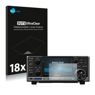 Face avant d’un emballage produit avec le logo de la marque Savvies. À côté, l’appareil Icom IC-R8600 est représenté avec la p