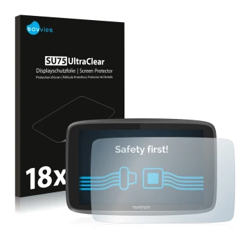 Face avant d’un emballage produit avec le logo de la marque Savvies. À côté, l’appareil TomTom Go Professional 6250 est représ