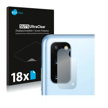 Face avant d’un emballage produit avec le logo de la marque Savvies. À côté, l’appareil Samsung Galaxy S20 5G (Caméra UNIQUEME