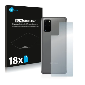 Face avant d’un emballage produit avec le logo de la marque Savvies. À côté, l’appareil Samsung Galaxy S20 Plus 5G (Arrière) e