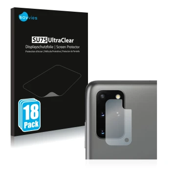 Face avant d’un emballage produit avec le logo de la marque Savvies. À côté, l’appareil Samsung Galaxy S20 Plus 5G (Caméra UNI