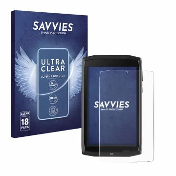 Face avant d’un emballage produit avec le logo de la marque Savvies. À côté, l’appareil Crosscall Core T4 est représenté avec 