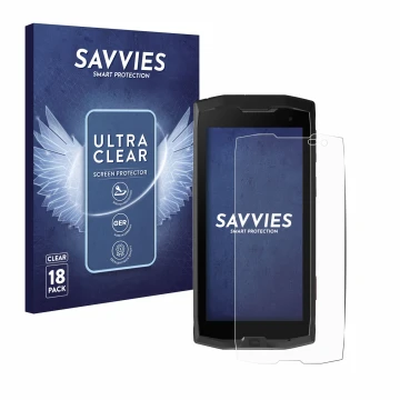 Face avant d’un emballage produit avec le logo de la marque Savvies. À côté, l’appareil Crosscall Core M4 est représenté avec 