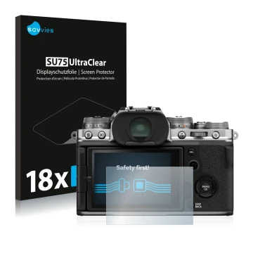 Face avant d’un emballage produit avec le logo de la marque Savvies. À côté, l’appareil Fujifilm X-T4 est représenté avec la p