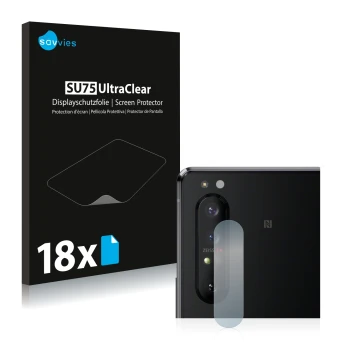 Face avant d’un emballage produit avec le logo de la marque Savvies. À côté, l’appareil Sony Xperia 1 II (Caméra UNIQUEMENT) e