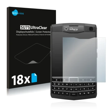 Face avant d’un emballage produit avec le logo de la marque Savvies. À côté, l’appareil Unihertz Titan est représenté avec la 